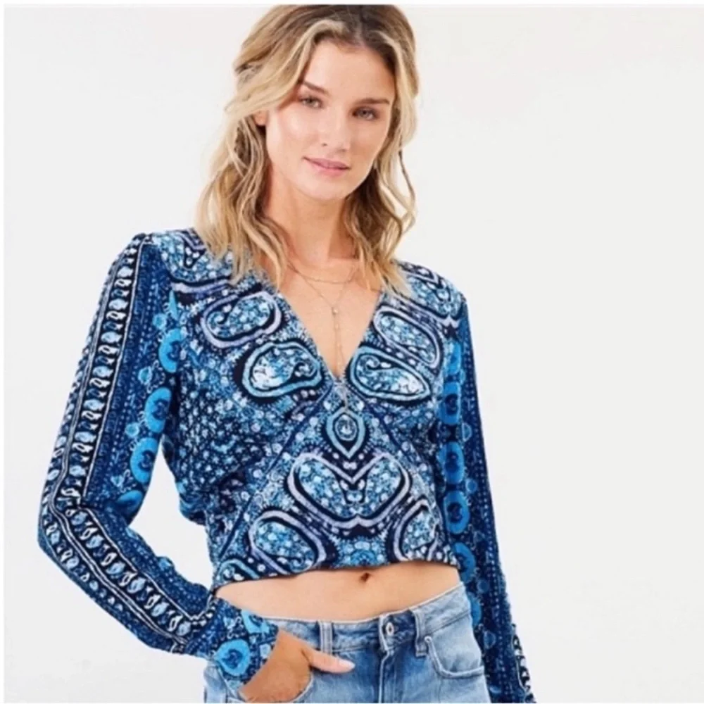 Free People Navy and Sky Blue Patterned Blouse - Picture 1 of 8